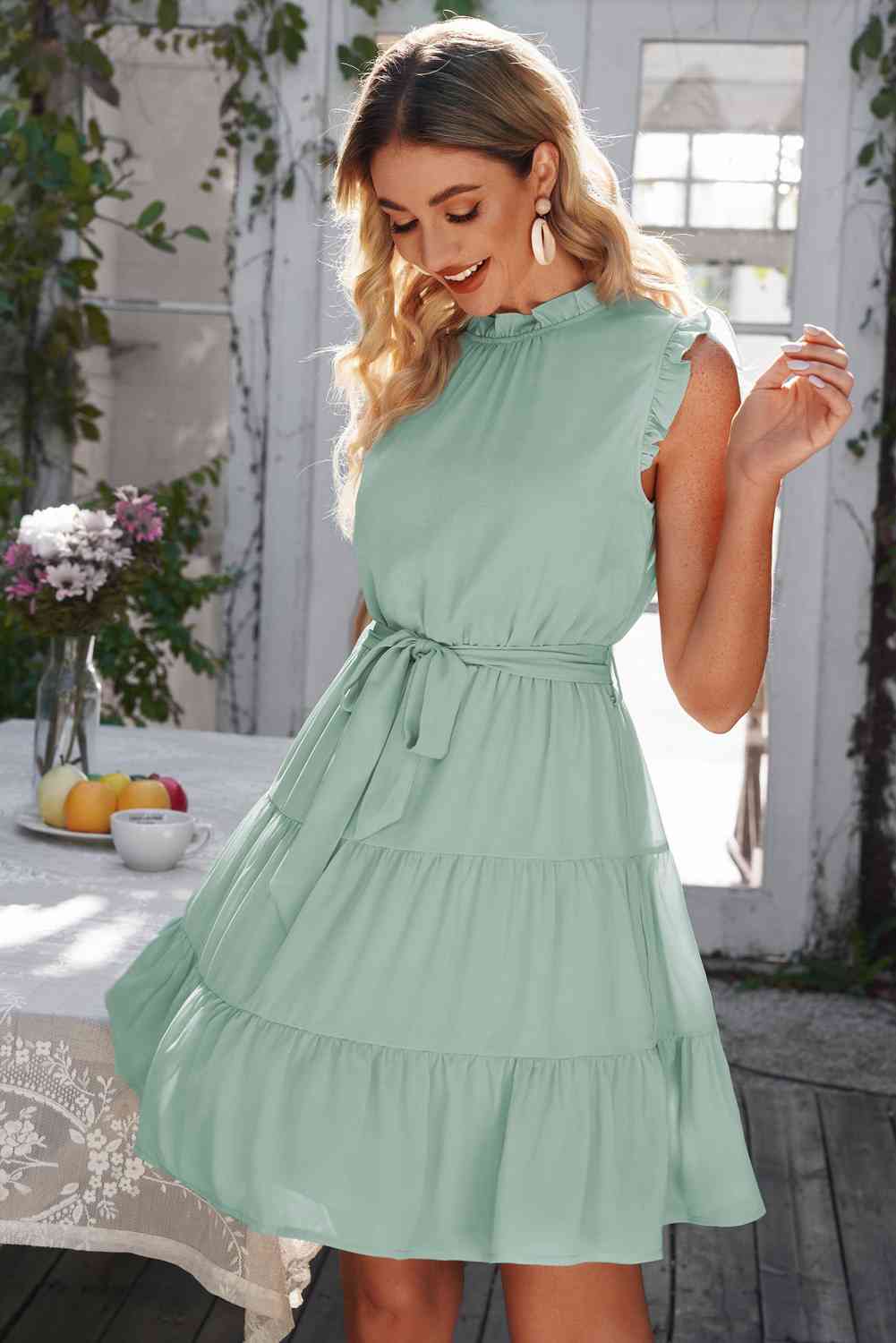 Ruffle Collar Tie Belt Tiered Dress - TRENDMELO