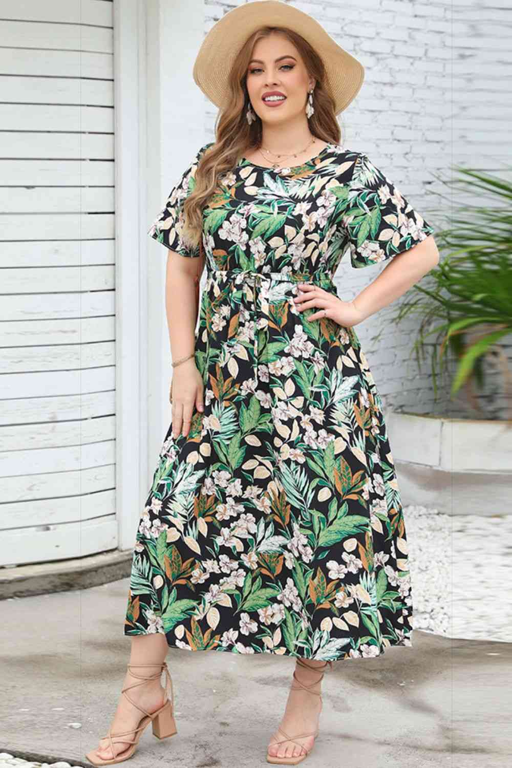 Plus Size Floral Short Sleeve Round Neck Dress - TRENDMELO