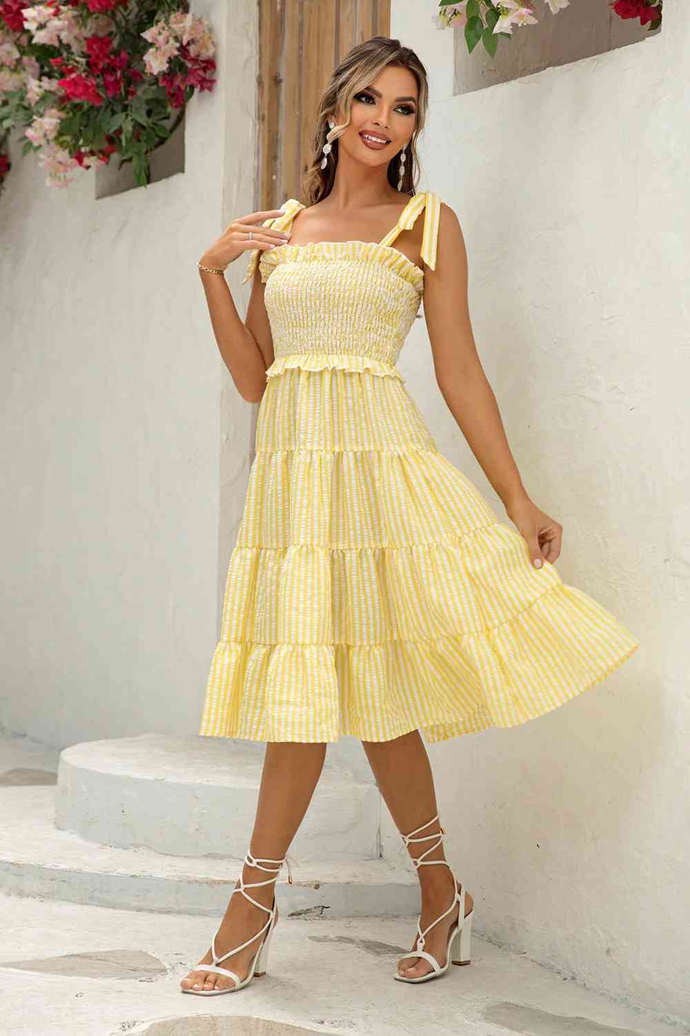 Striped Tie-Shoulder Tiered Dress - TRENDMELO