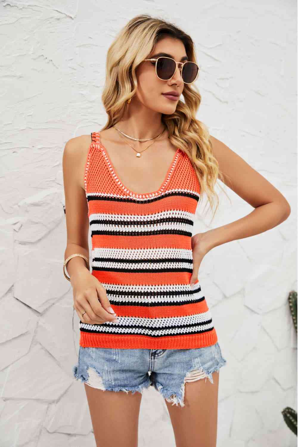 Striped Ribbed Trim Knit Tank - TRENDMELO