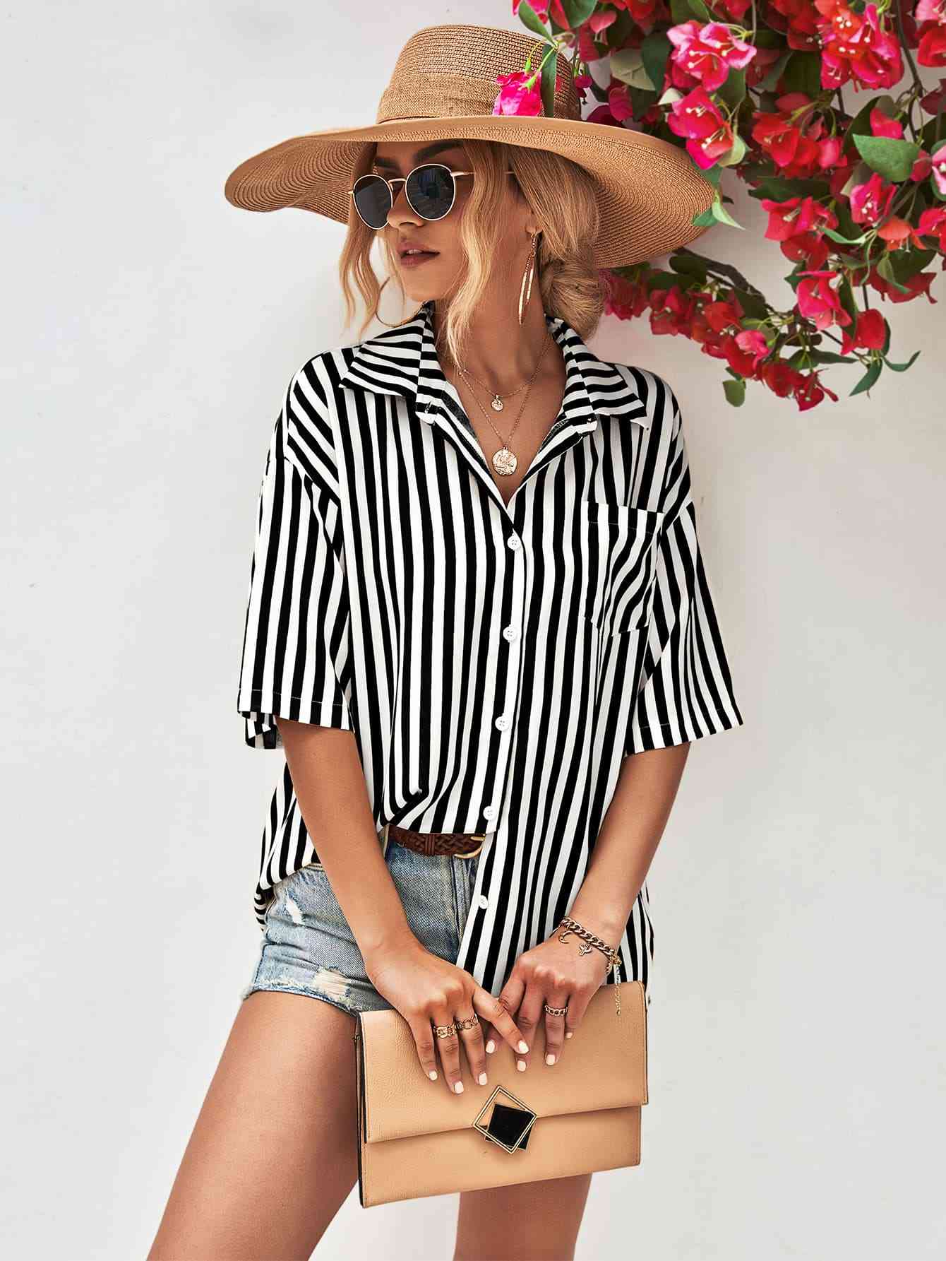 Striped Dropped Shoulder Half Sleeve Shirt - TRENDMELO