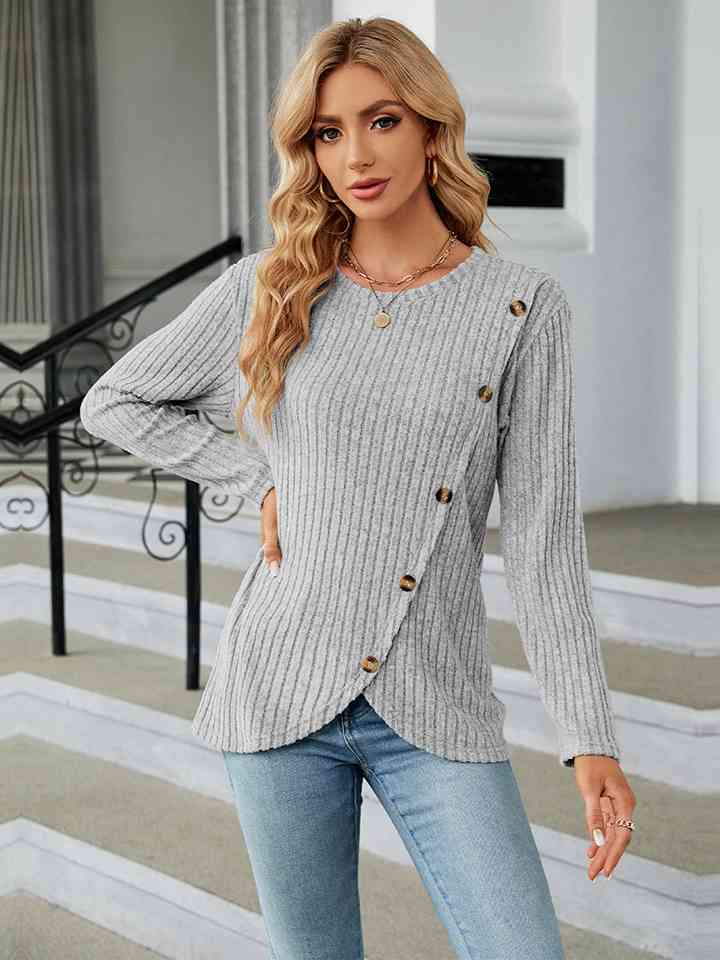 Round Neck Ribbed Button Detail Blouse - TRENDMELO