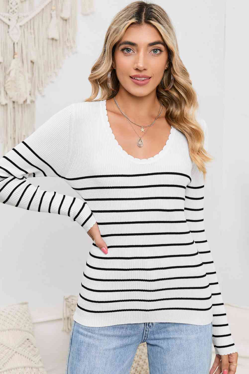Striped Round Neck Long Sleeve Knit Top - TRENDMELO