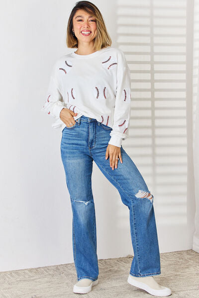 Sequin Ball Round Neck Dropped Shoulder Sweatshirt - TRENDMELO