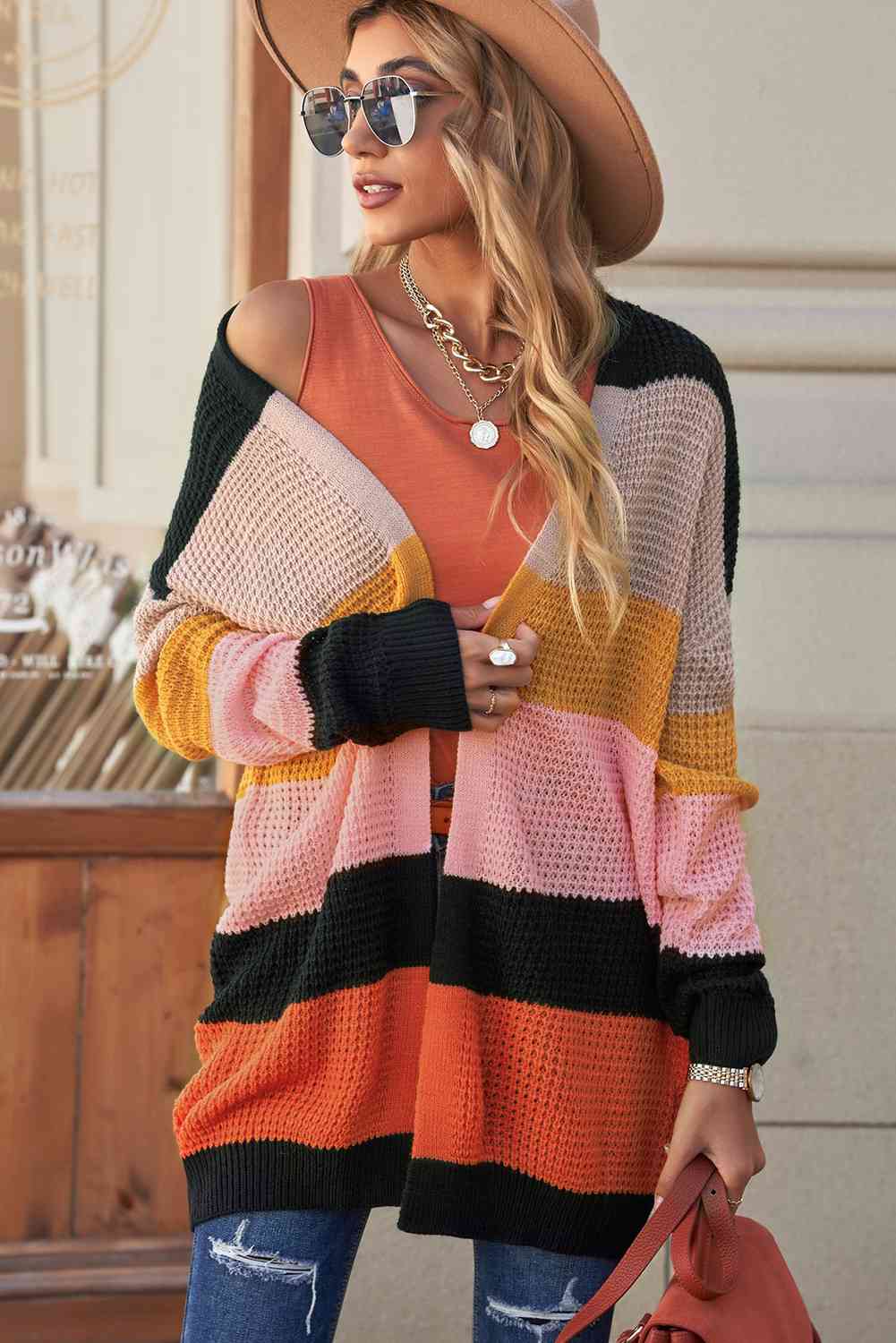 Striped Waffle Knit Open Front Cardigan - TRENDMELO