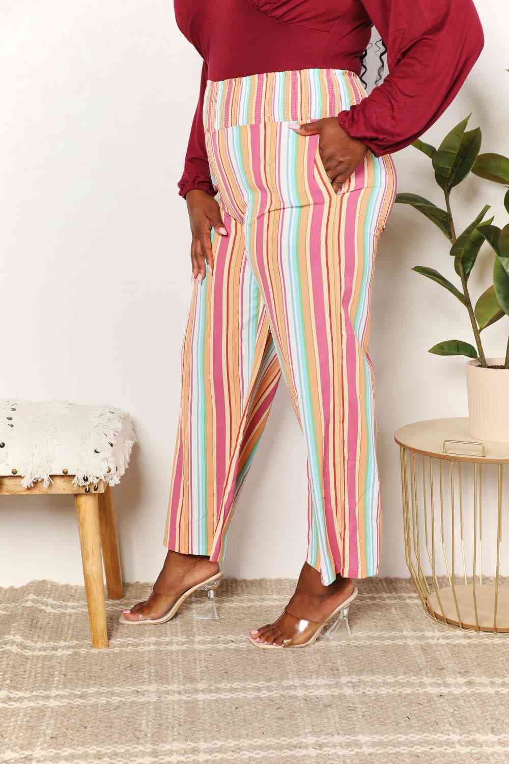 Double Take Striped Smocked Waist Pants with Pockets - TRENDMELO