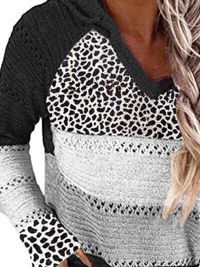 Full Size Openwork Leopard Drawstring Hooded Sweater - TRENDMELO