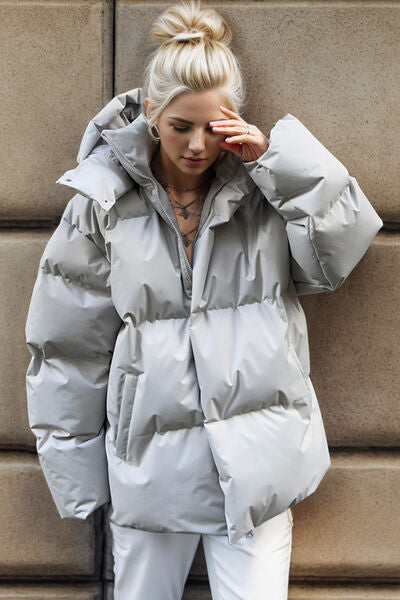 Pocketed Zip Up Hooded Puffer Jacket - TRENDMELO