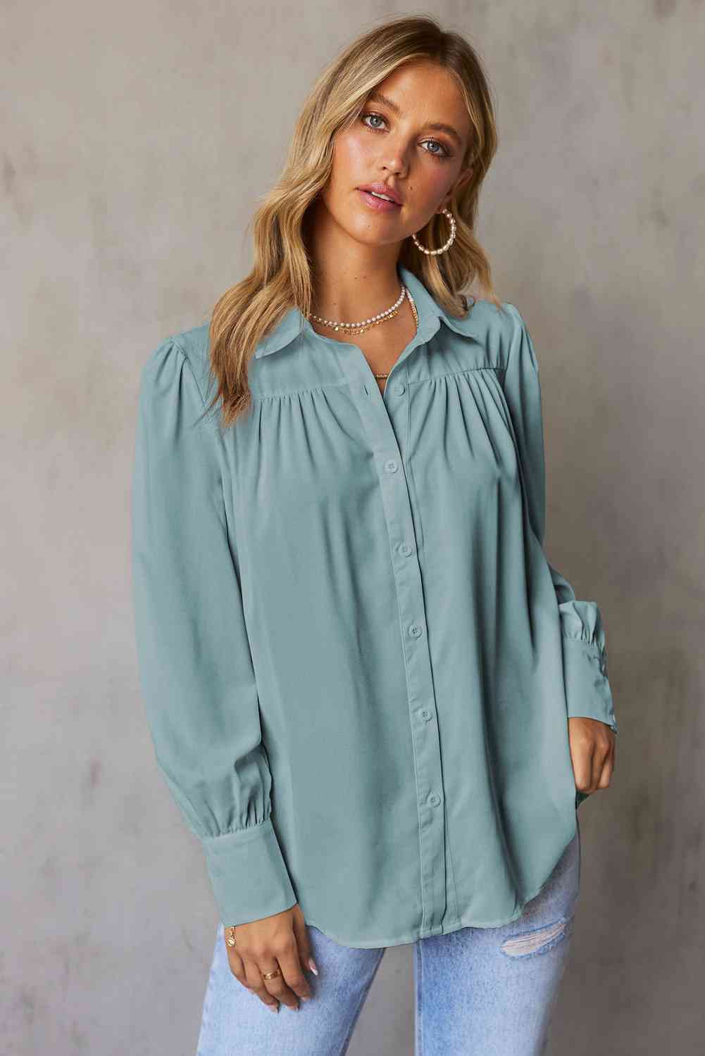 Gathered Detail Puff Sleeve Shirt - TRENDMELO