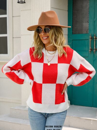 Checkered Round Neck Dropped Shoulder Sweater - TRENDMELO