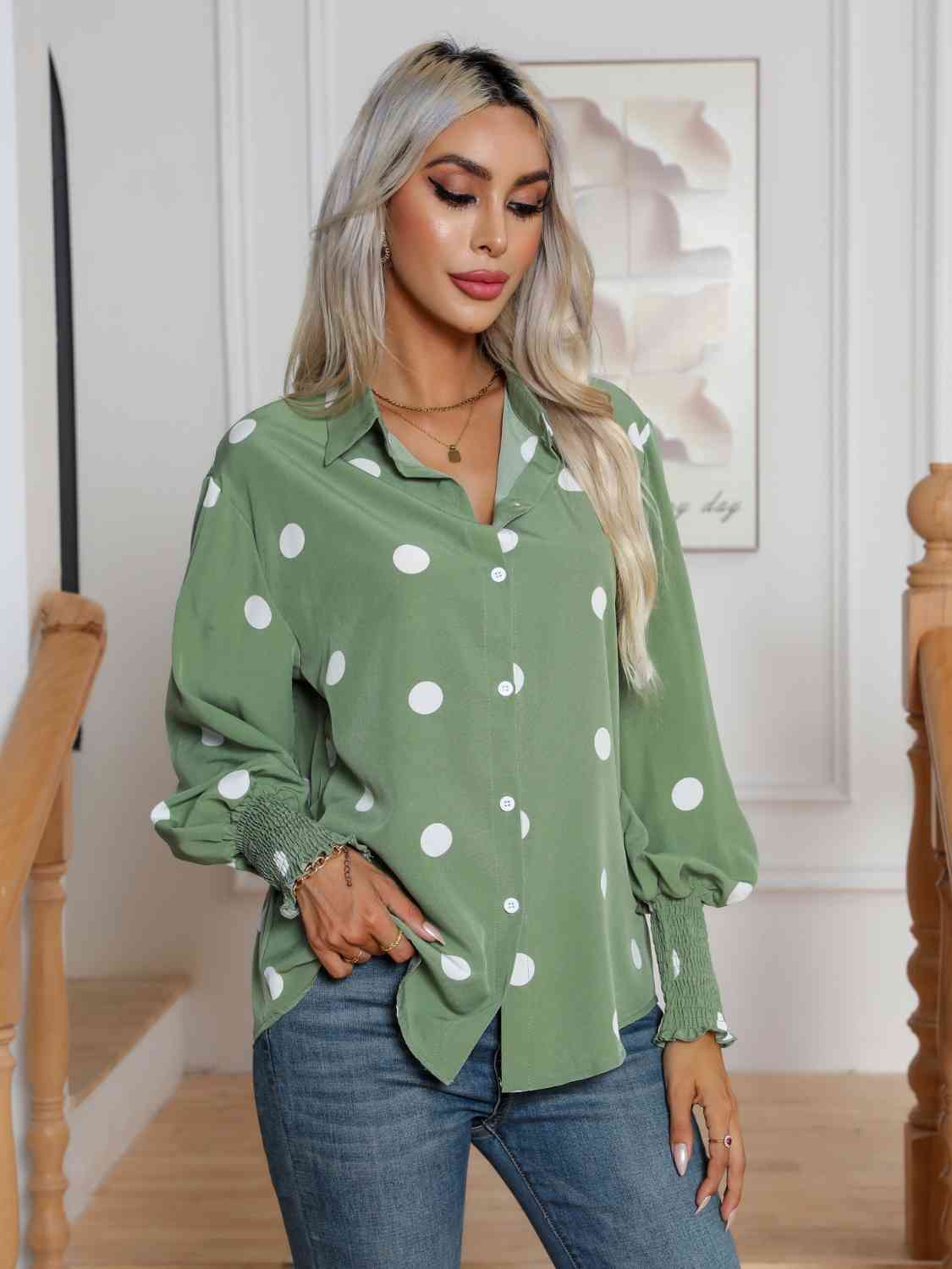 Polka Dot Collared Neck Buttoned Lantern Sleeve Shirt - TRENDMELO