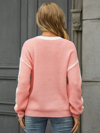 Contrast Round Neck Dropped Shoulder Sweater - TRENDMELO