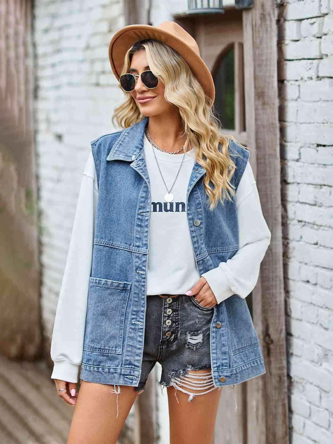 Button Front Sleeveless Denim Jacket - TRENDMELO