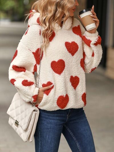 Fuzzy Heart Pocketed Dropped Shoulder Hoodie - TRENDMELO