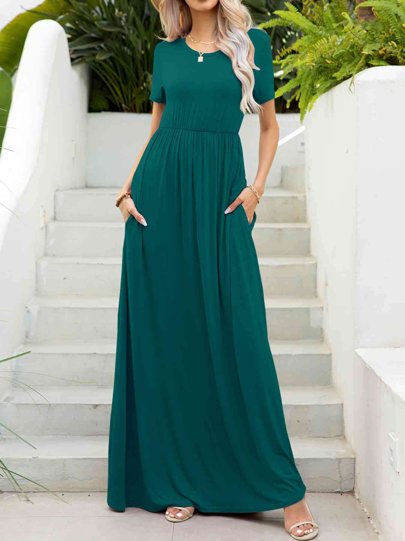 Round Neck Short Sleeve Maxi Dress with Pockets - TRENDMELO