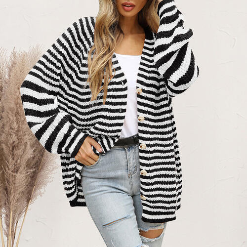 Striped Button Down Long Sleeve Cardigan - TRENDMELO