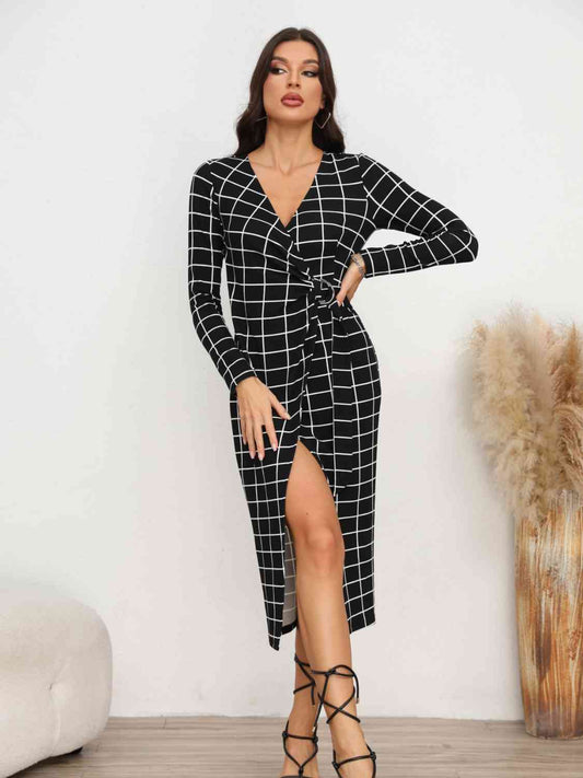 Plaid Long Sleeve Slit Dress - TRENDMELO