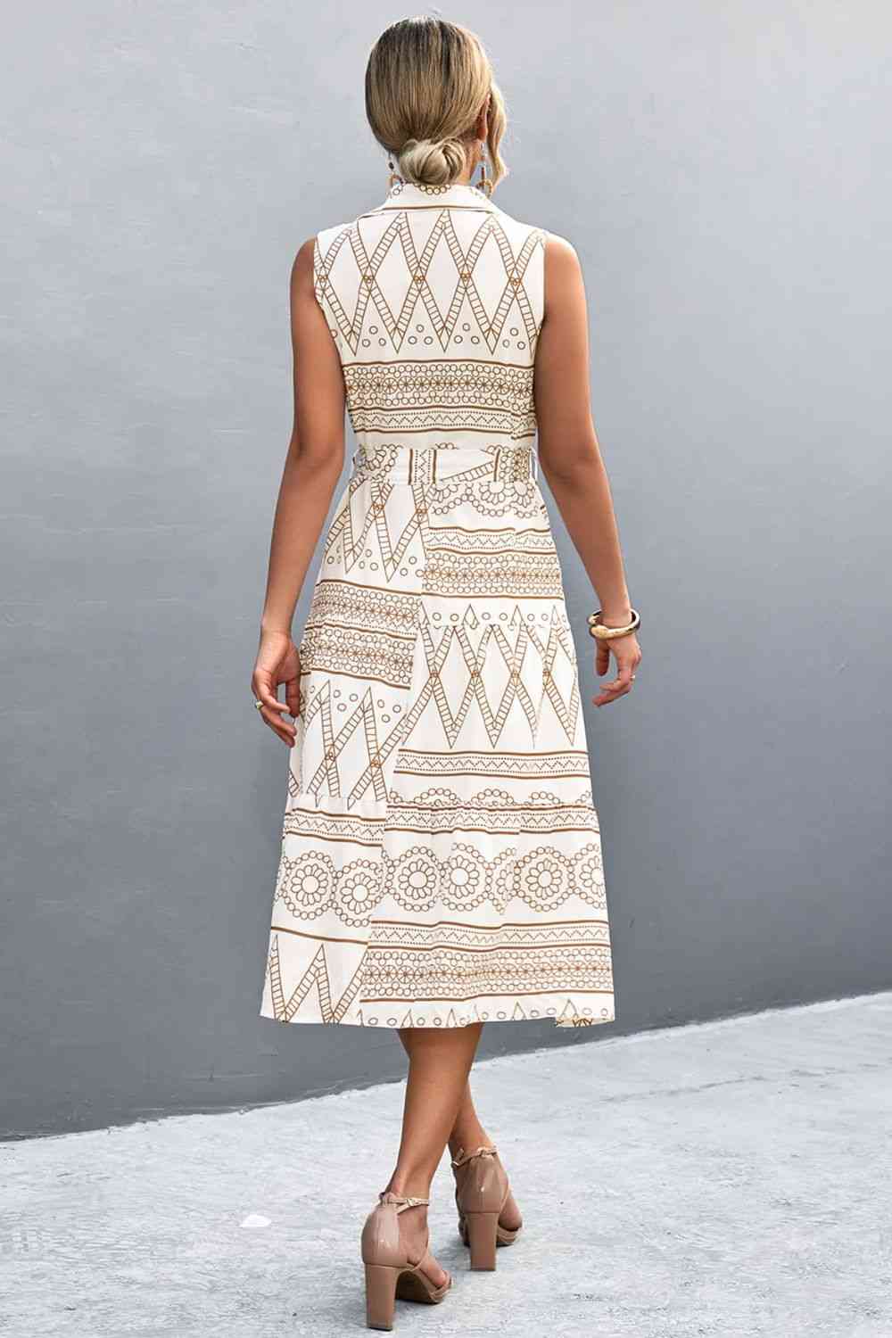 Printed Button Front Tie-Waist Sleeveless Collared Dress - TRENDMELO