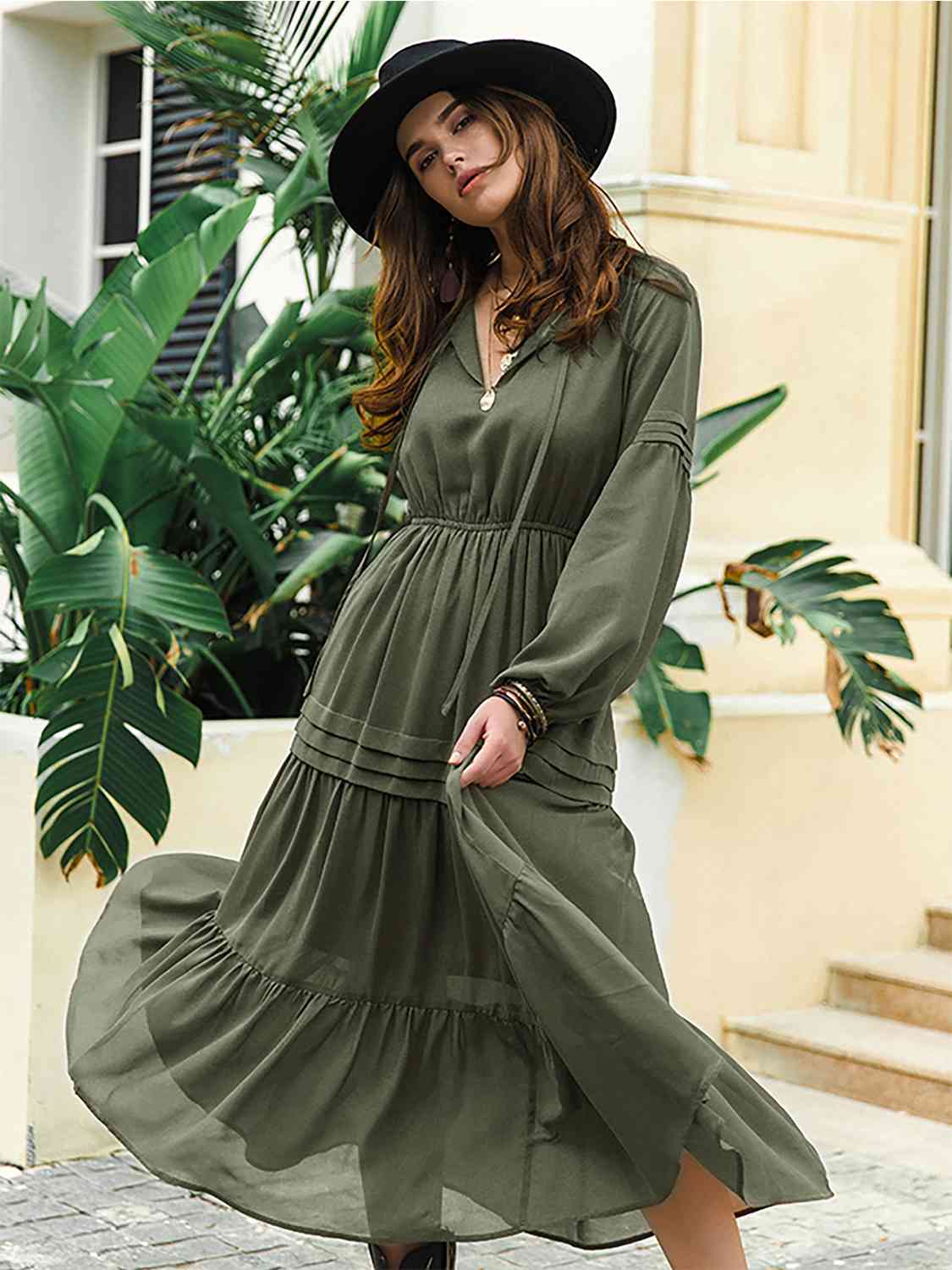 Tie Neck Long Sleeve Midi Tiered Dress - TRENDMELO