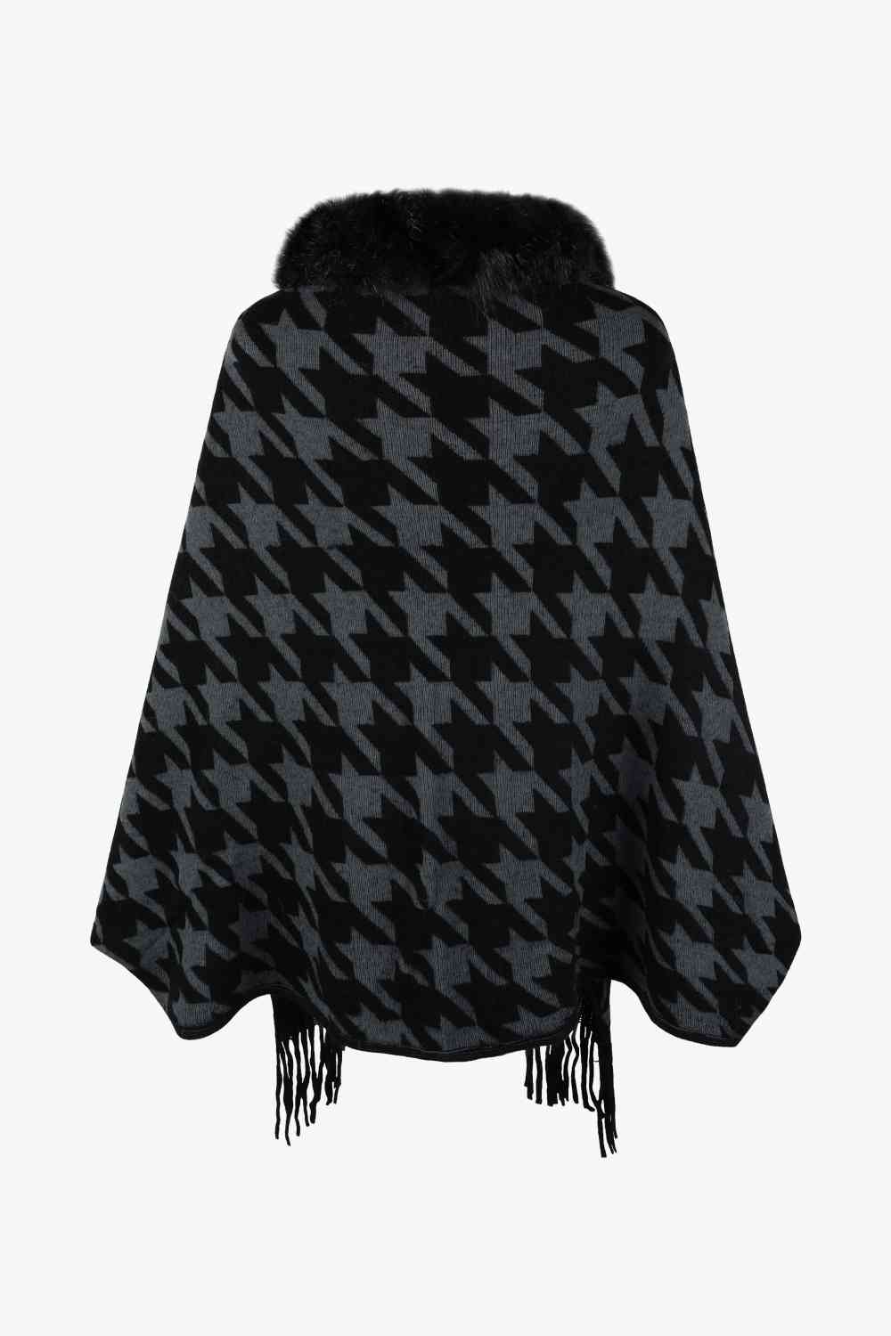 Houndstooth Fringe Hem Poncho - TRENDMELO