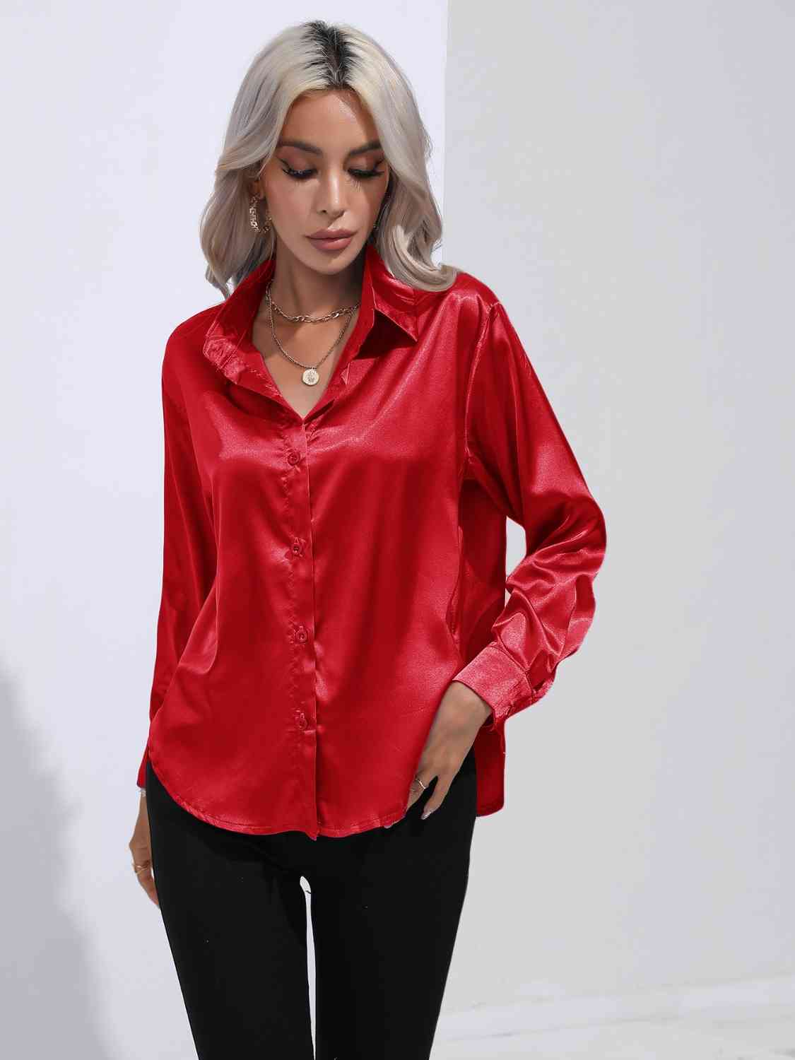 Collared Neck Buttoned Long Sleeve Shirt - TRENDMELO