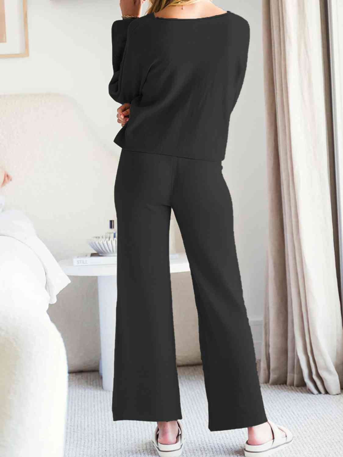 Long Sleeve Lounge Top and Drawstring Pants Set - TRENDMELO