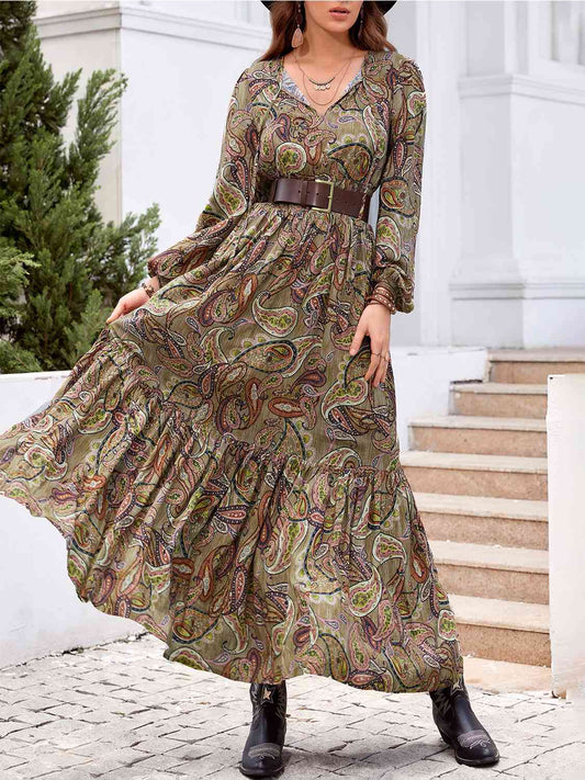 Printed Tie Neck Ruffle Hem Long Sleeve Dress - TRENDMELO