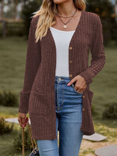 Ribbed Button Up Long Sleeve Cardigan - TRENDMELO