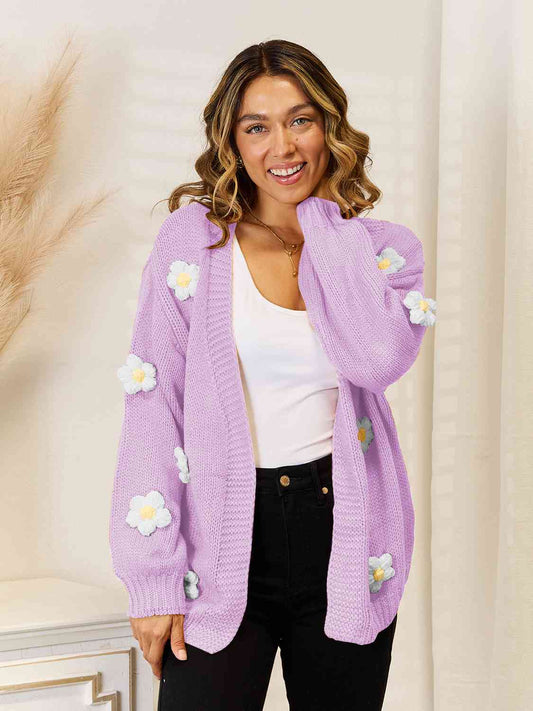 Flower Dropped Shoulder Open Front Cardigan - TRENDMELO