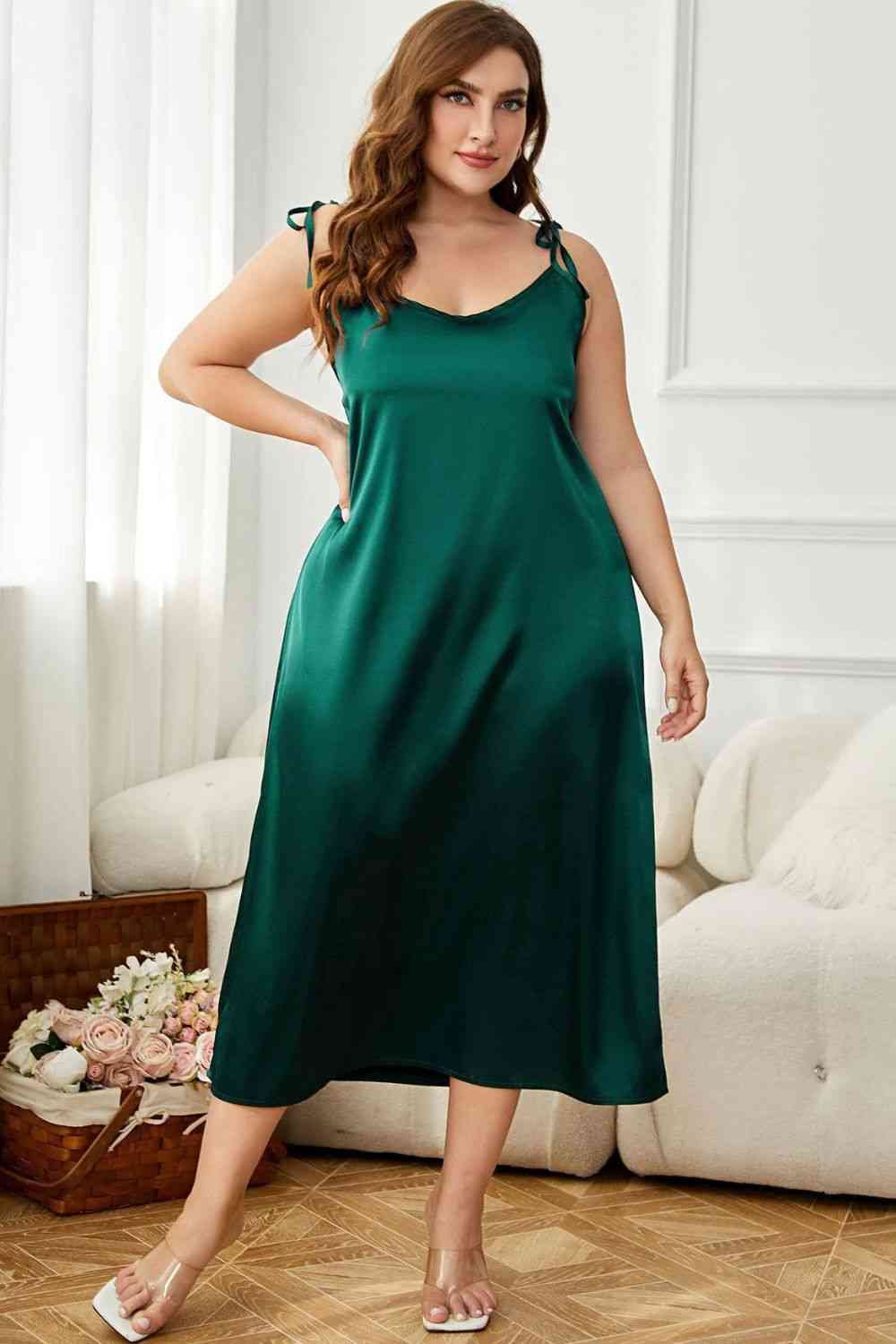 Plus Size Tie-Shoulder Midi Night Dress - TRENDMELO