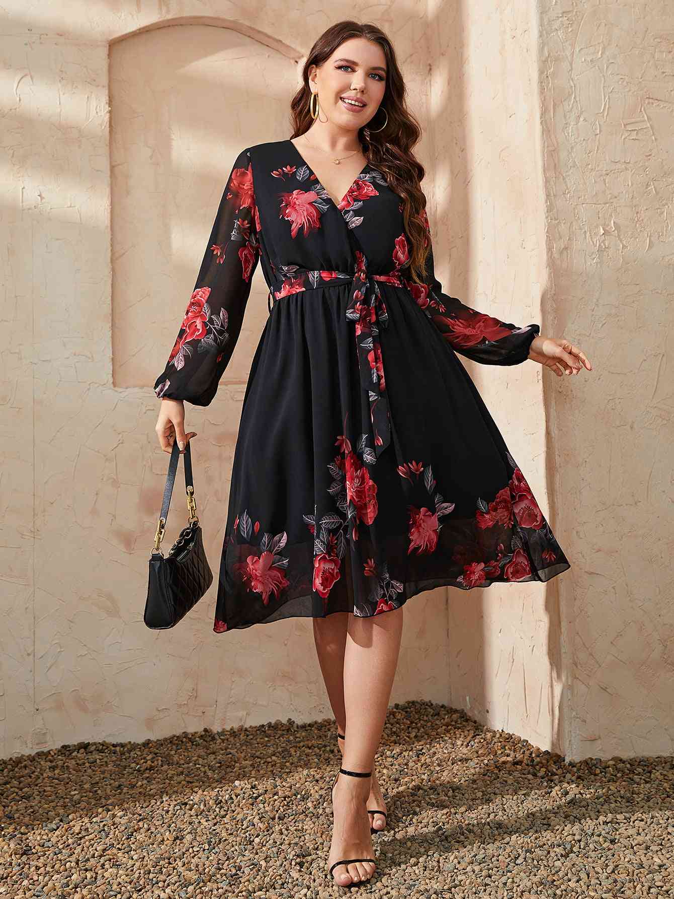 Plus Size Floral Surplice Neck Tie Waist Dress - TRENDMELO