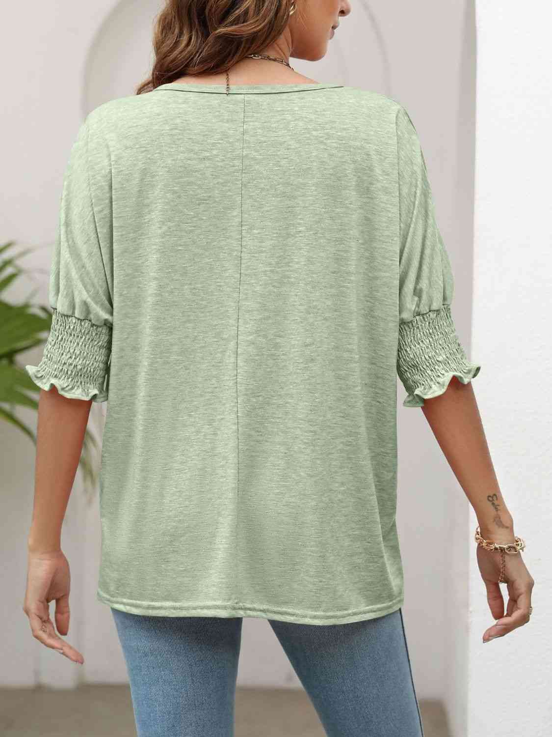 Smocked Flounce Sleeve Round Neck T-Shirt - TRENDMELO