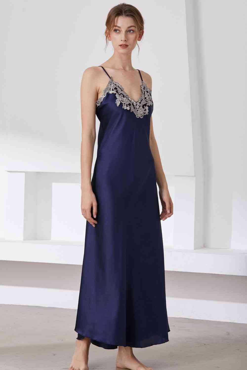 Full Size Lace Trim V-Neck Spaghetti Strap Satin Night Dress - TRENDMELO