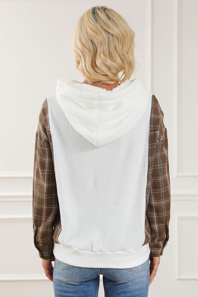 Plaid Waffle-Knit Drawstring Kangaroo Pocket Hoodie - TRENDMELO