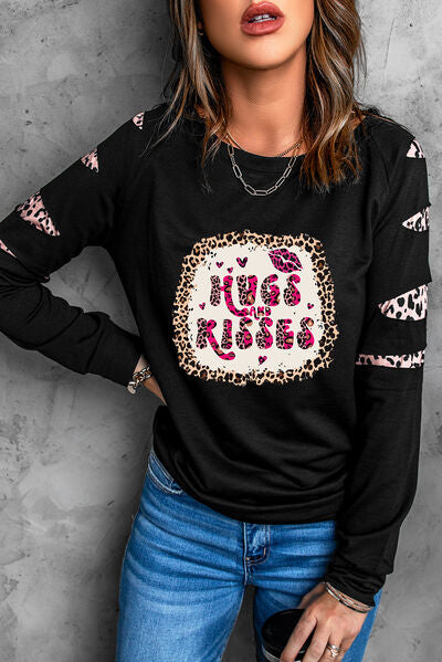 HUGS AND KISSES Leopard Round Neck Sweatshirt - TRENDMELO