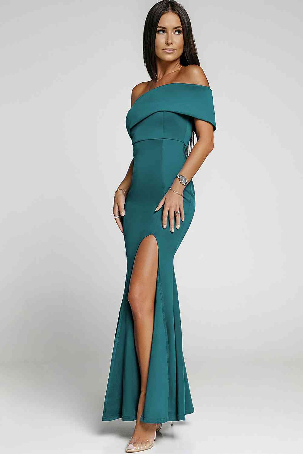 Off-Shoulder Split Fishtail Dress - TRENDMELO