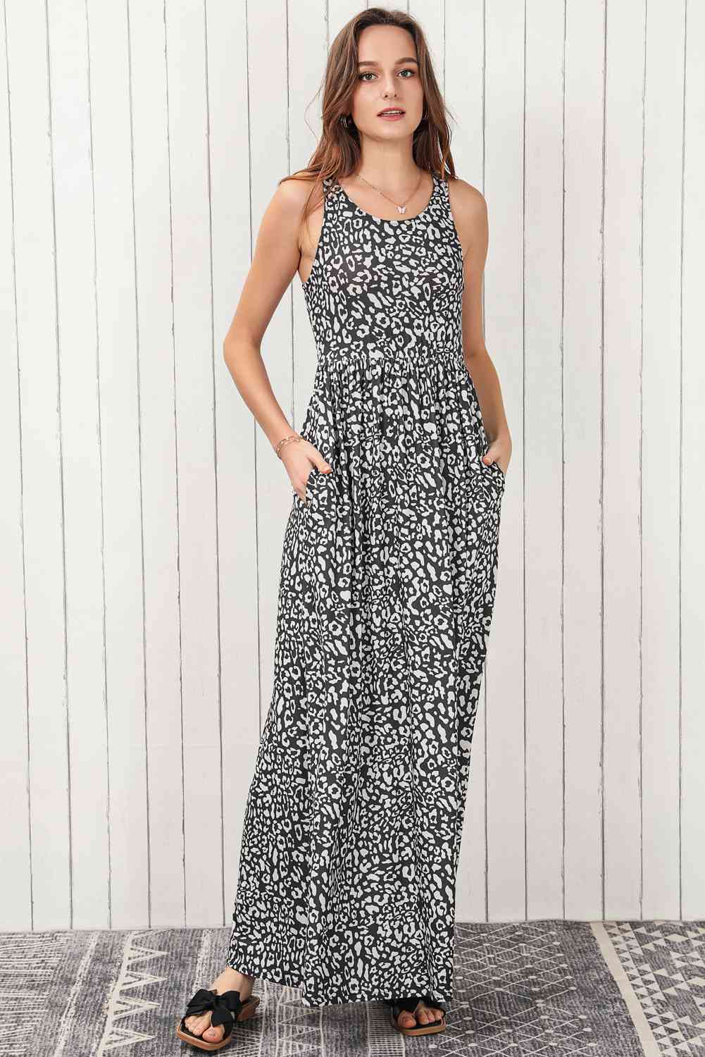 Leopard Round Neck Sleeveless Maxi Dress - TRENDMELO