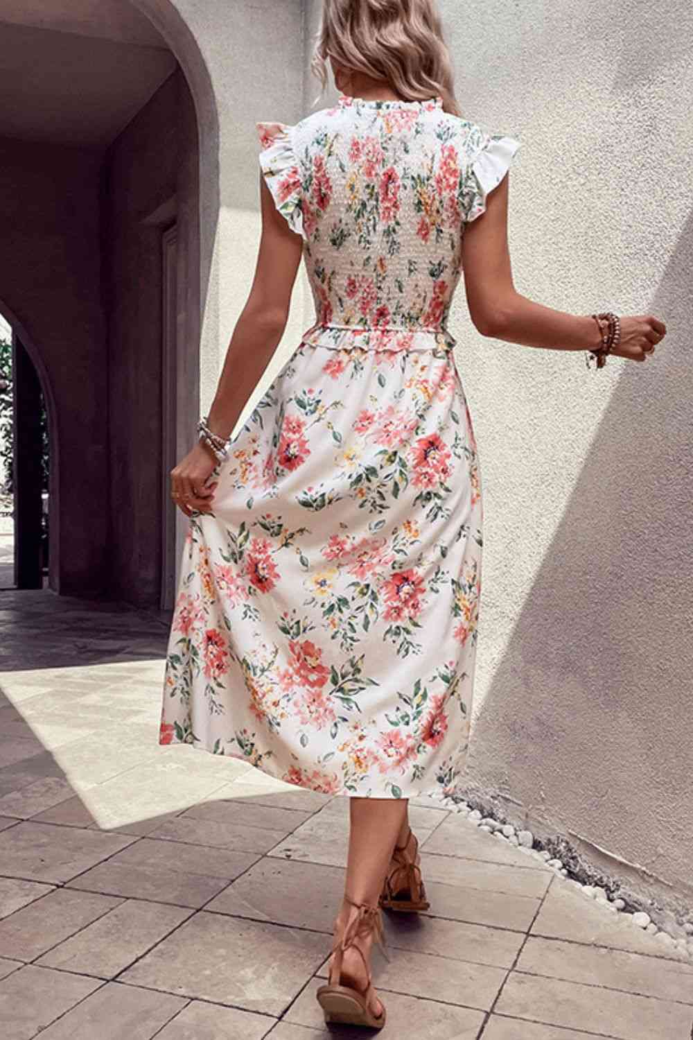 Floral Smocked Butterfly Sleeve Slit Dress - TRENDMELO