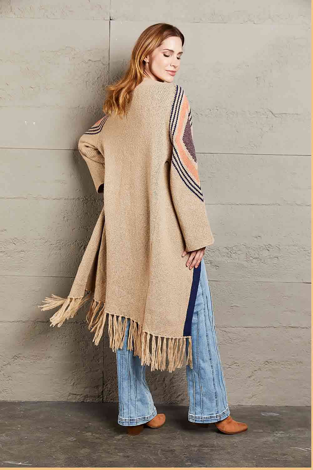 Double Take Geometric Fringe Hem Open Front Duster Cardigan - TRENDMELO