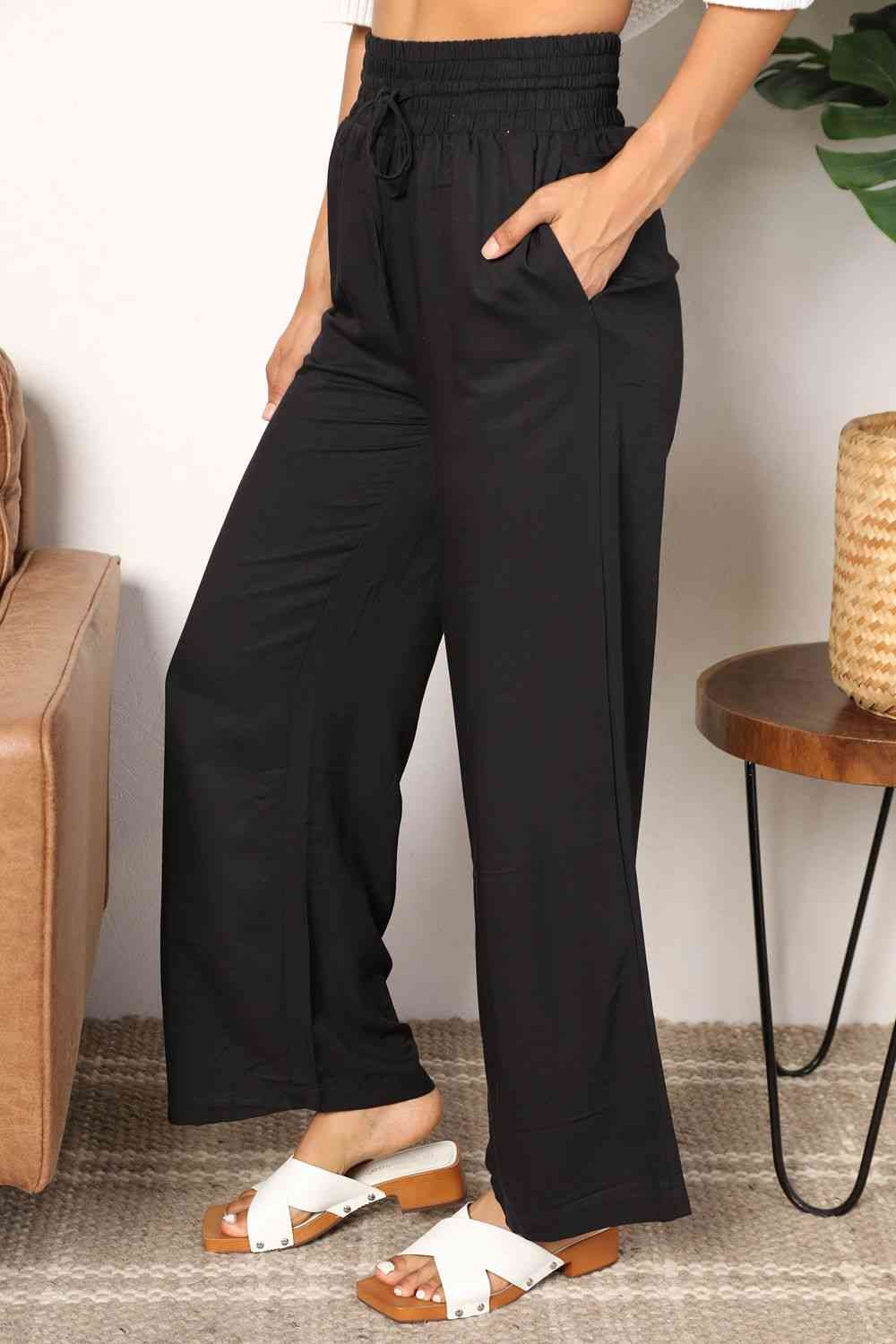 Double Take Drawstring Smocked Waist Wide Leg Pants - TRENDMELO