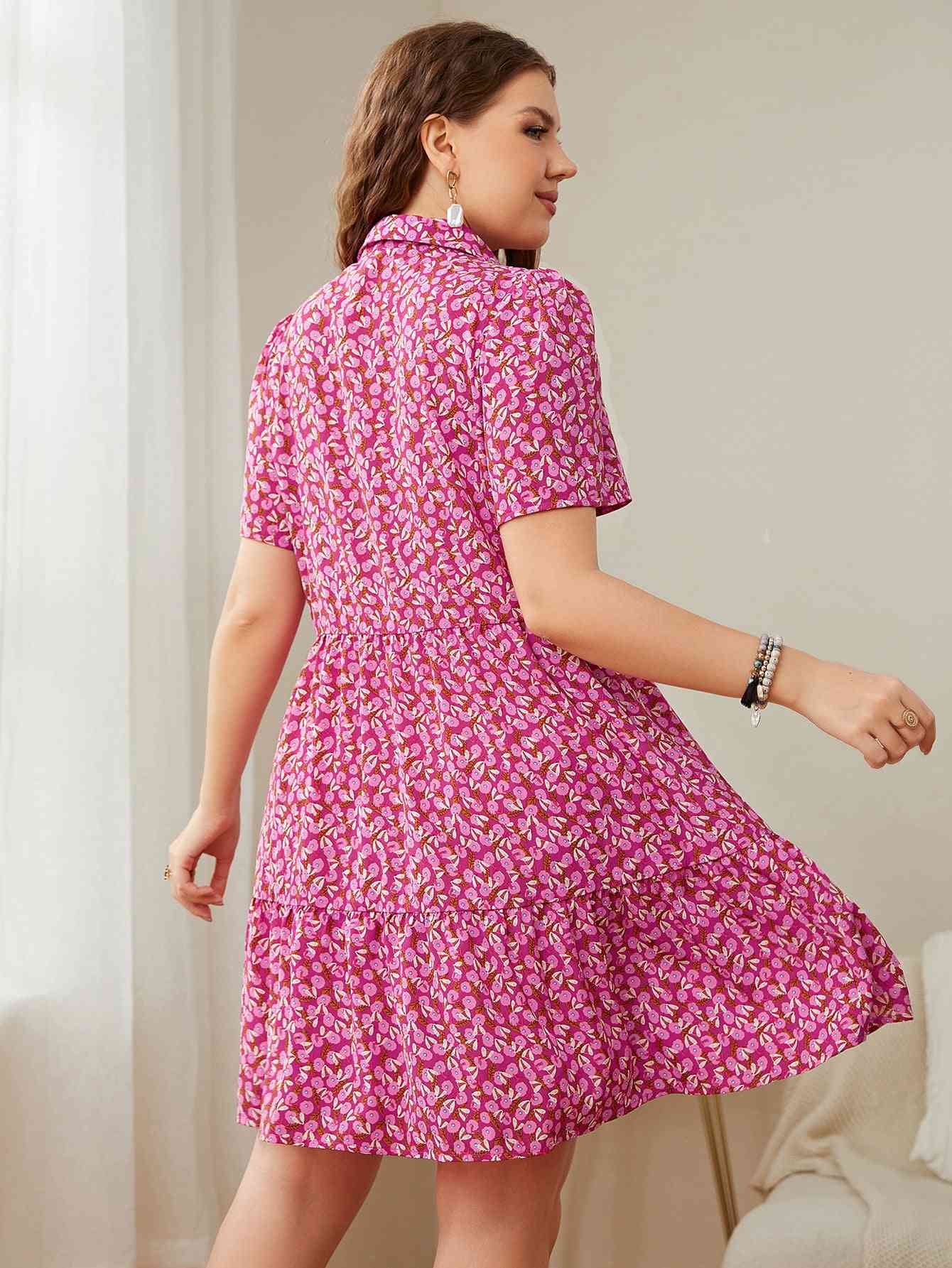 Plus Size Printed Short Sleeve Collared Dress - TRENDMELO