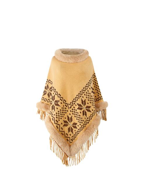 Fringe Geometric Cape Sleeve Poncho - TRENDMELO