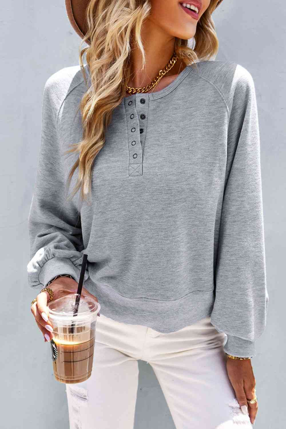 Balloon Sleeve Henley Sweatshirt - TRENDMELO