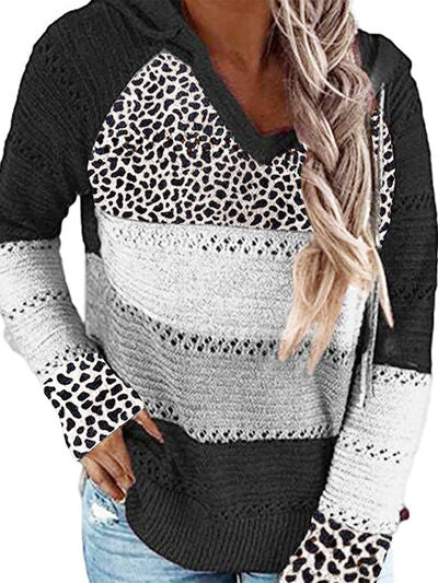 Full Size Openwork Leopard Drawstring Hooded Sweater - TRENDMELO