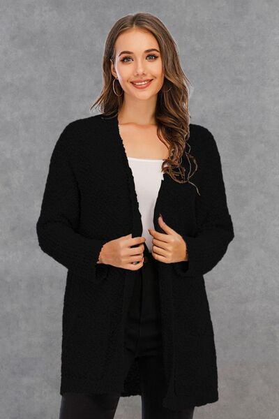 Pocketed Open Front Long Sleeve Cardigan - TRENDMELO