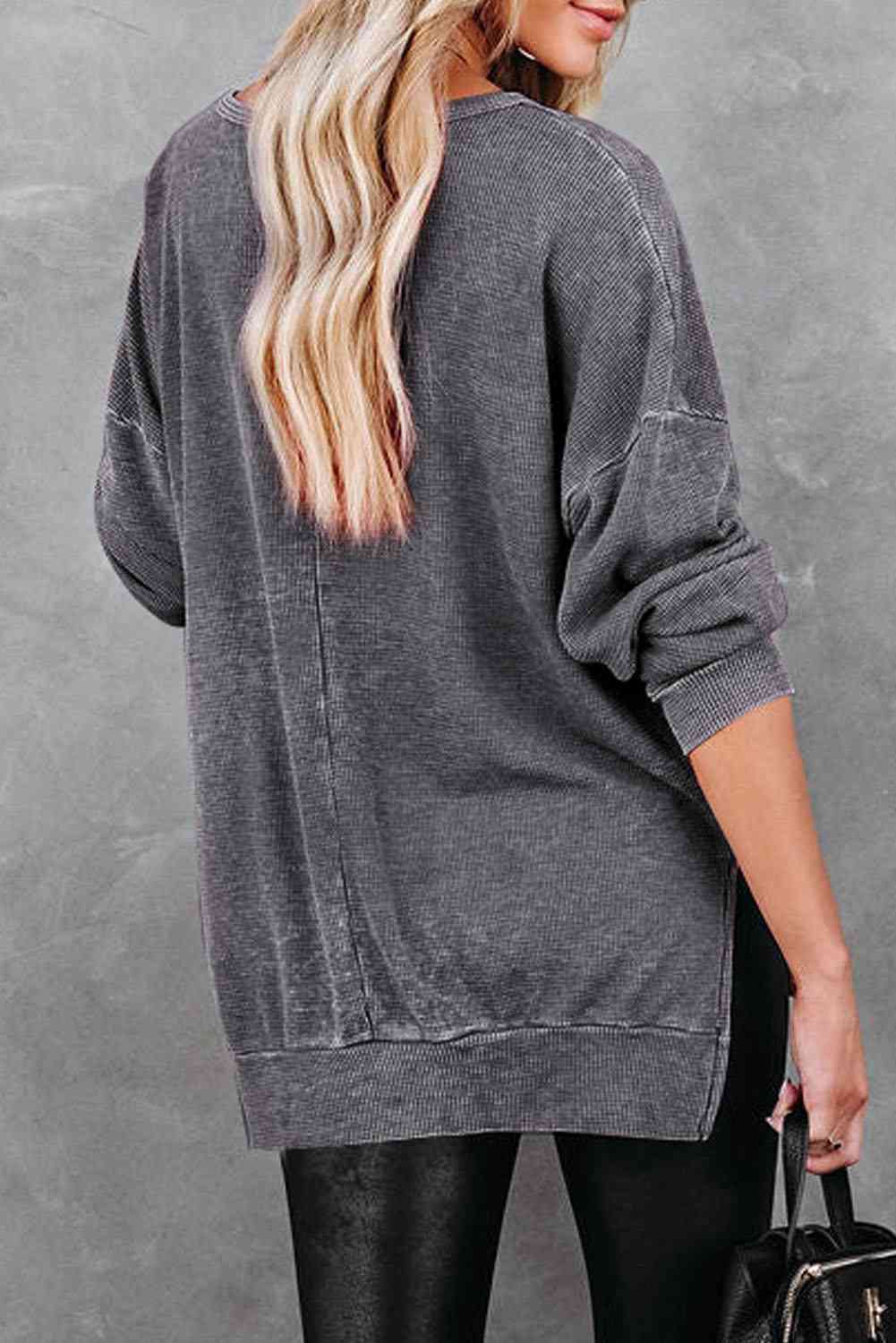 Waffle Knit Side Slit Drop Shoulder Sweatshirt - TRENDMELO