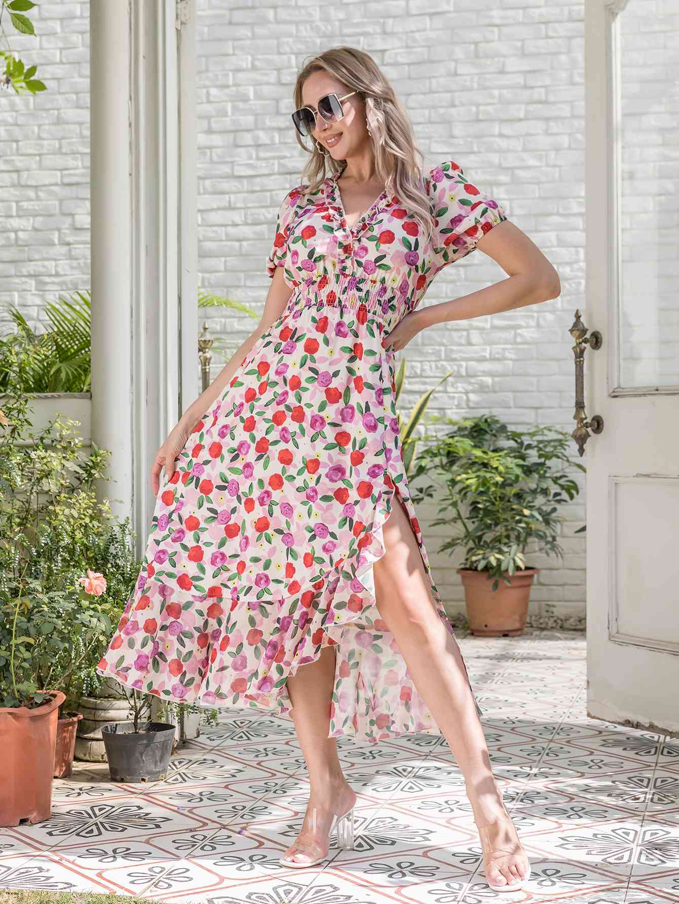 Floral Frill Trim Surplice Ruffle Hem Dress - TRENDMELO