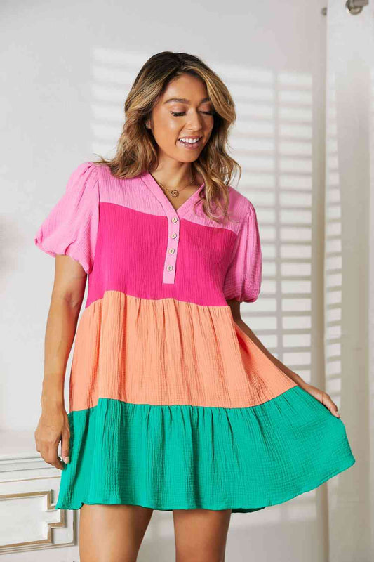 Double Take Color Block Buttoned Puff Sleeve Dress - TRENDMELO