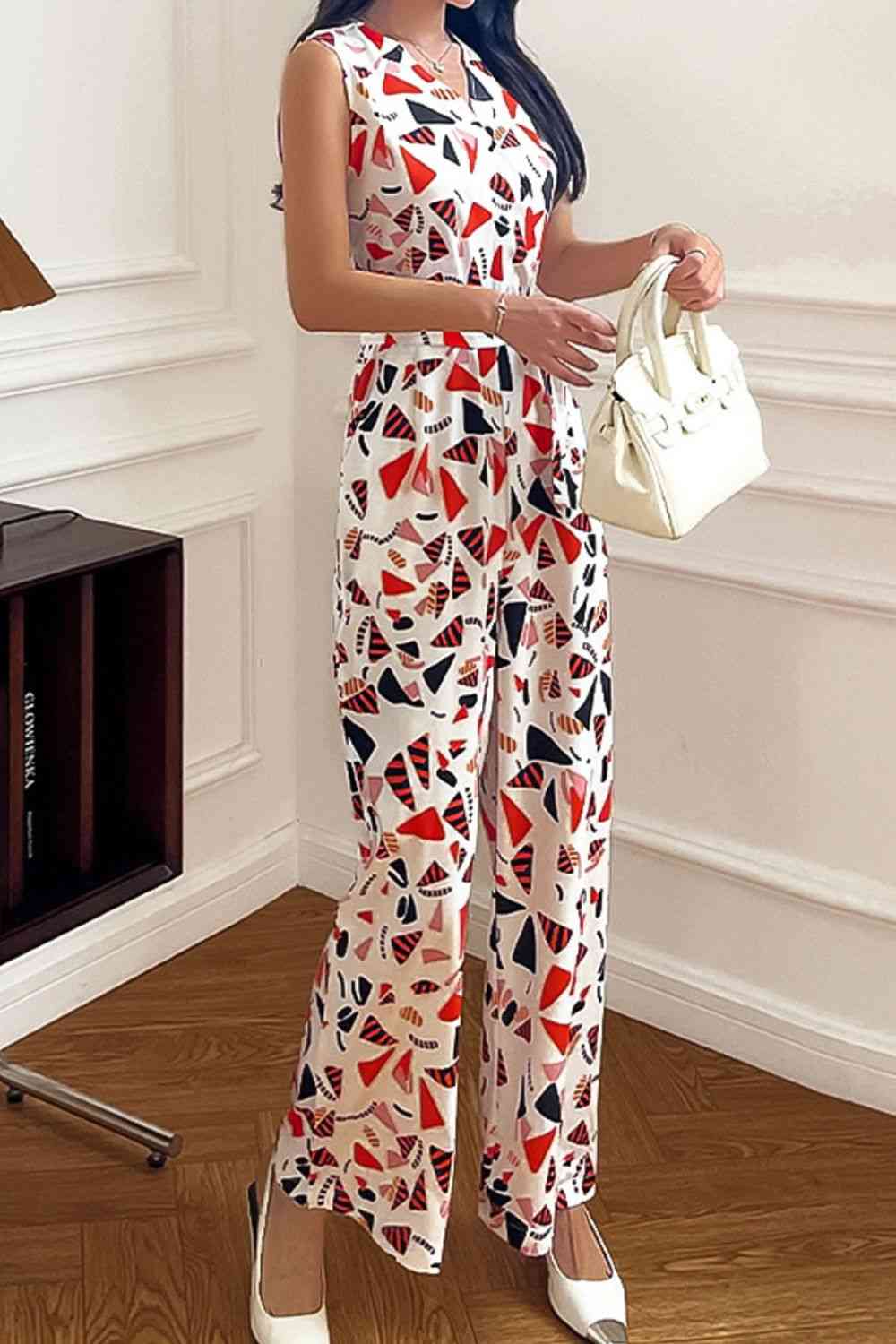 Printed Surplice Neck Sleeveless Jumpsuit - TRENDMELO