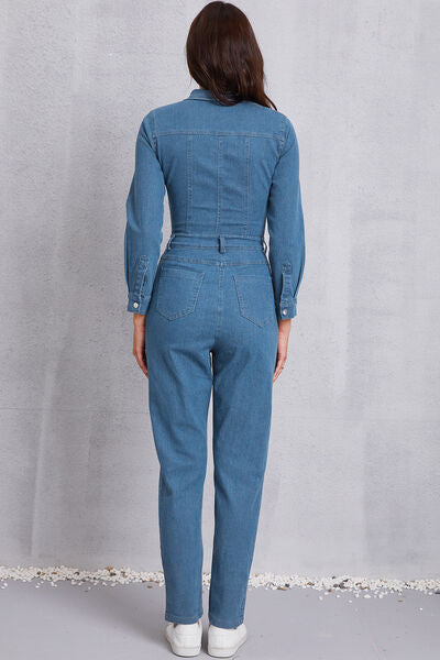 Snap Down Denim Jumpsuit with Pockets - TRENDMELO